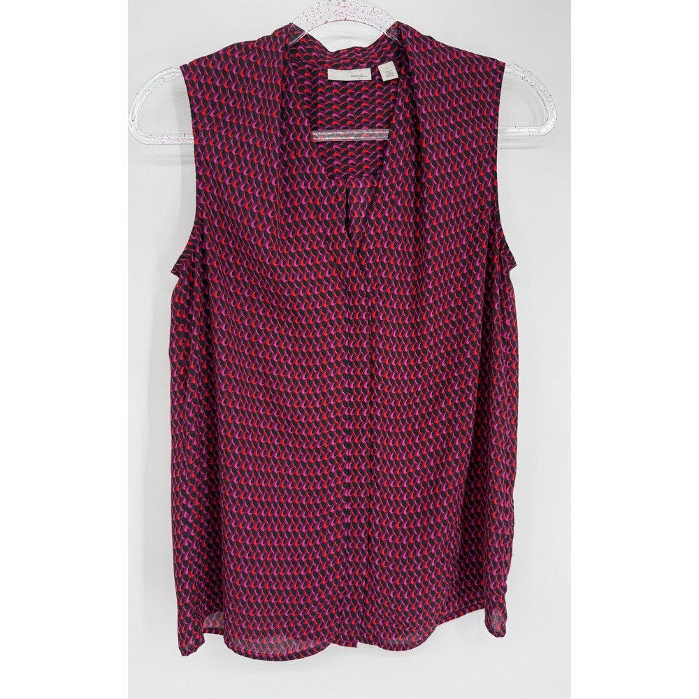 Halogen Womens Pink Red Black Geometric Print Sleeveless‎ Split Neck Blouse Sz S